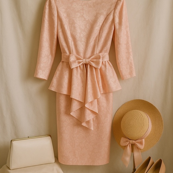 Vintage 80s All That Jazz Pink Peplum Dress w/ Belted Bow | Size 3/4 🇺🇸 - Picture 2 of 11